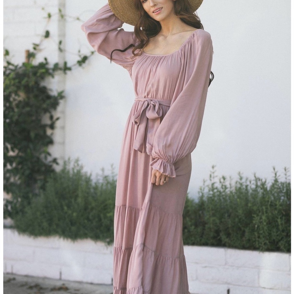 Mauve Long Sleeve Tiered Maxi Dress with Waist Tie